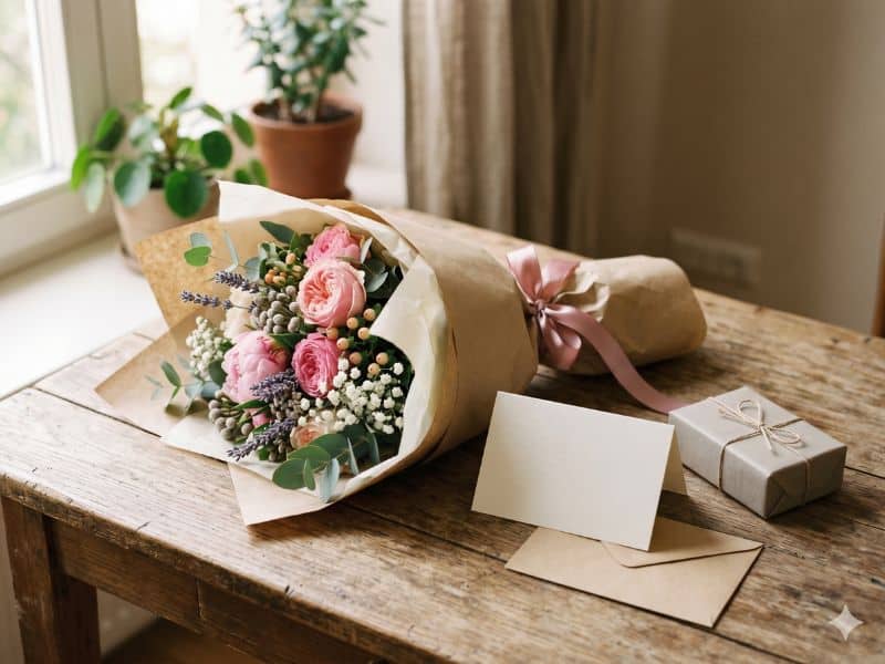 Buquê de flores para namorada com cartão em branco, envelope e caixa de presente