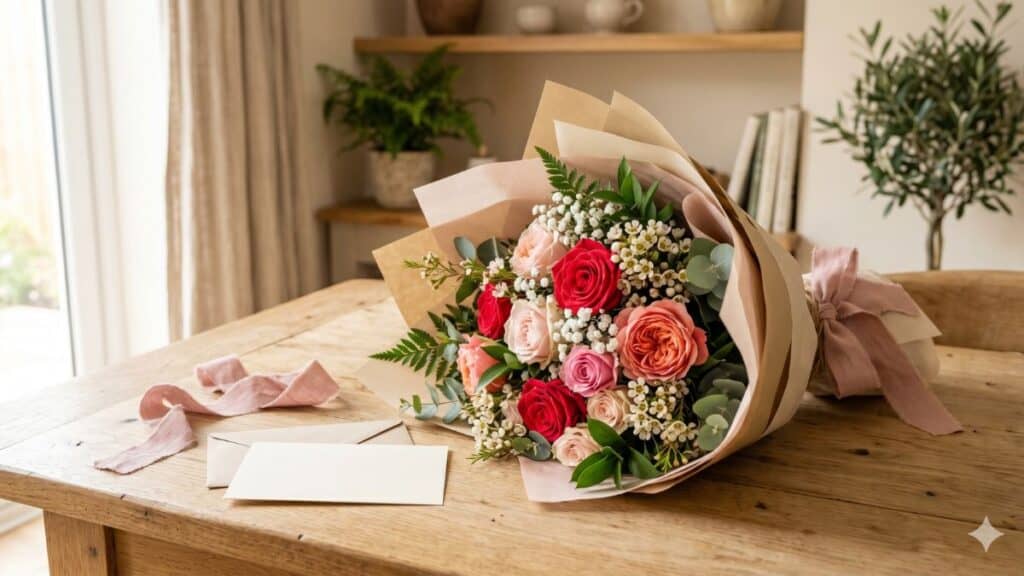 Buquê de flores para namorada com rosas vermelhas, flores delicadas e cartão em branco