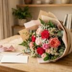 Buquê de flores para namorada com rosas vermelhas, flores delicadas e cartão em branco