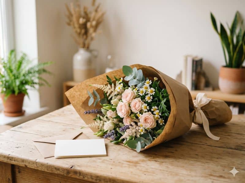 Buquê de flores para namorada simples com rosas delicadas, flores do campo e cartão em branco