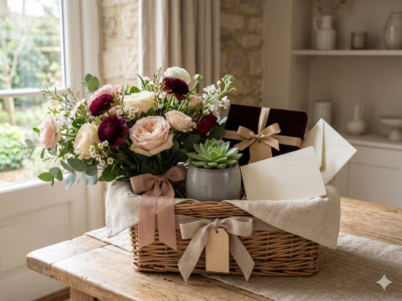 Cestas, boxes e arranjos naturais para surpreender com flores, suculenta e cartão em branco