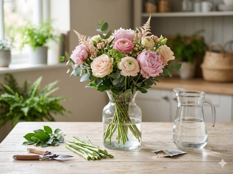 Buquê de flores para namorada em vaso com água fresca, hastes cortadas e cuidados de conservação