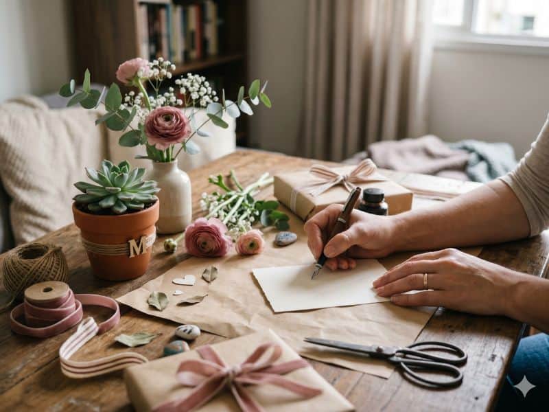 Pessoa escrevendo cartão com flores, suculenta e presente para deixar a homenagem de Dia das Mães mais pessoal