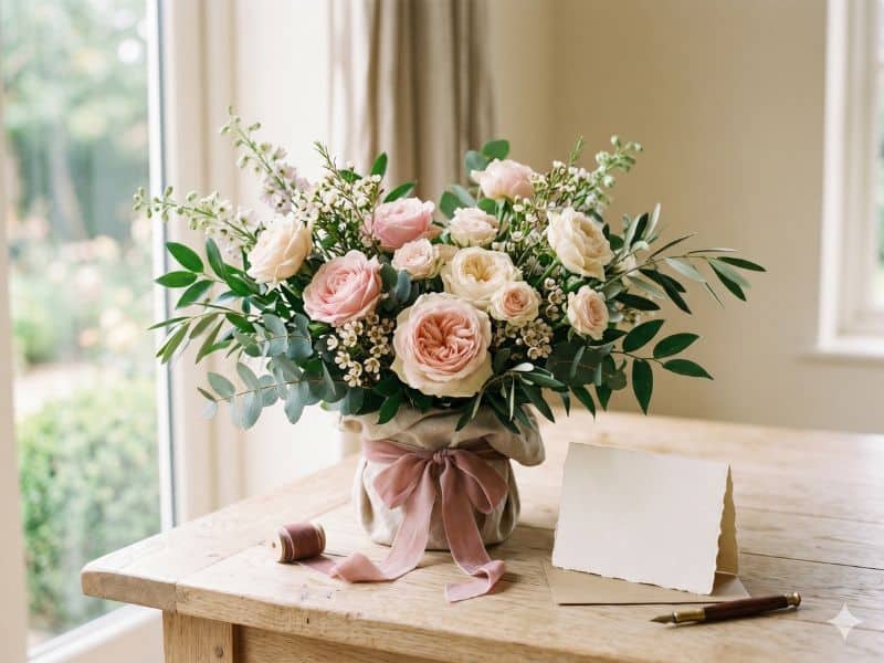 Ideias de presente para Dia dos Namorados com flores em arranjo delicado sobre mesa com cartão em branco