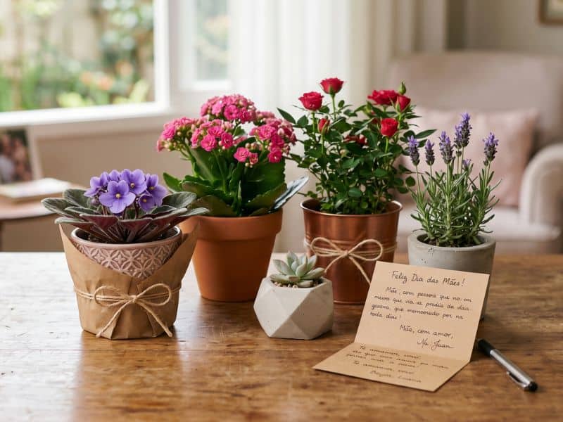 Mensagens para cartão de Dia das Mães com plantas floridas, lavanda e cartão sobre mesa