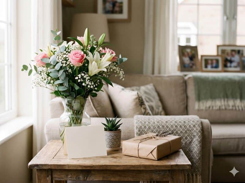 Arranjo de flores, cartão e presente sobre mesa em sala aconchegante ilustrando mensagens para Dia das Mães emocionantes
