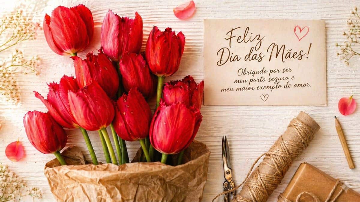 Mensagens para o Dia das Mães em cartão com tulipas vermelhas e presente artesanal sobre mesa clara