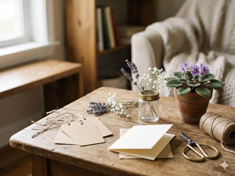 Mensagens para o Dia das Mães curtas em cartões simples ao lado de flores delicadas e violeta em vaso