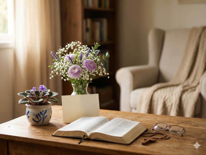 Mensagens para o Dia das Mães evangélica com Bíblia aberta, flores delicadas e cartão