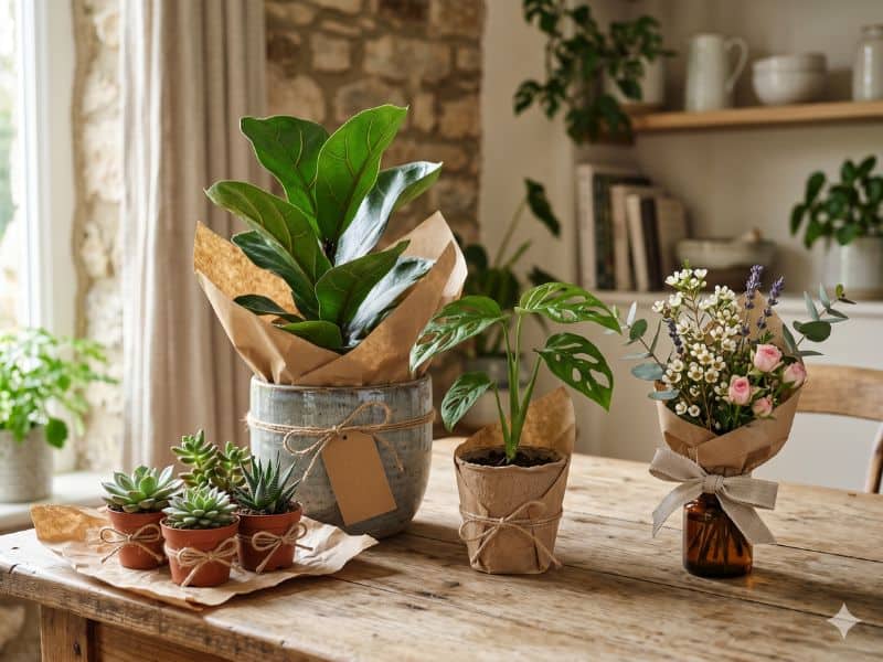 O que dar quando a pessoa gosta de natureza com plantas em vaso, suculentas e arranjo floral sobre mesa de madeira