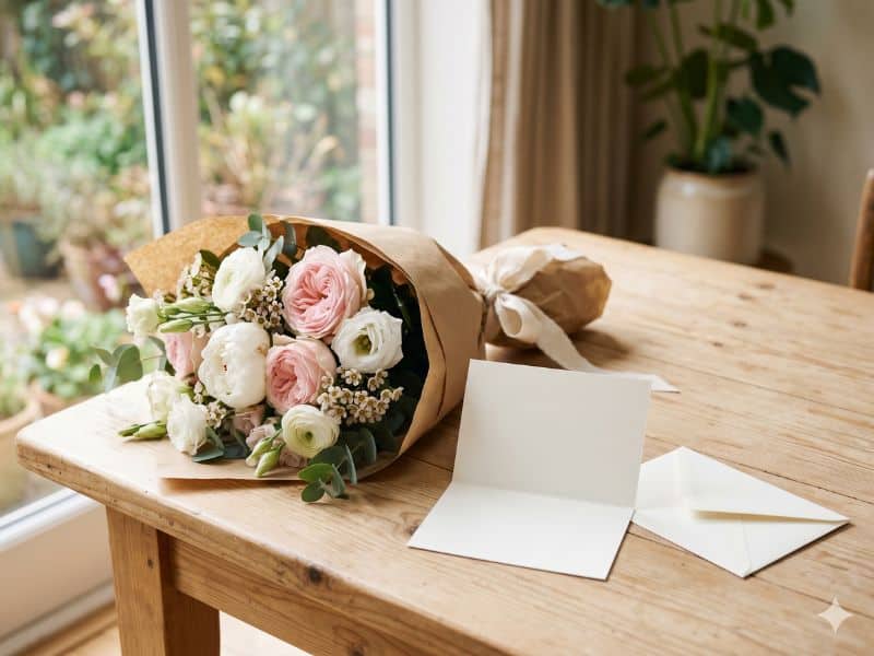 Buquê de flores para namorada com cartão em branco e envelope sobre mesa clara