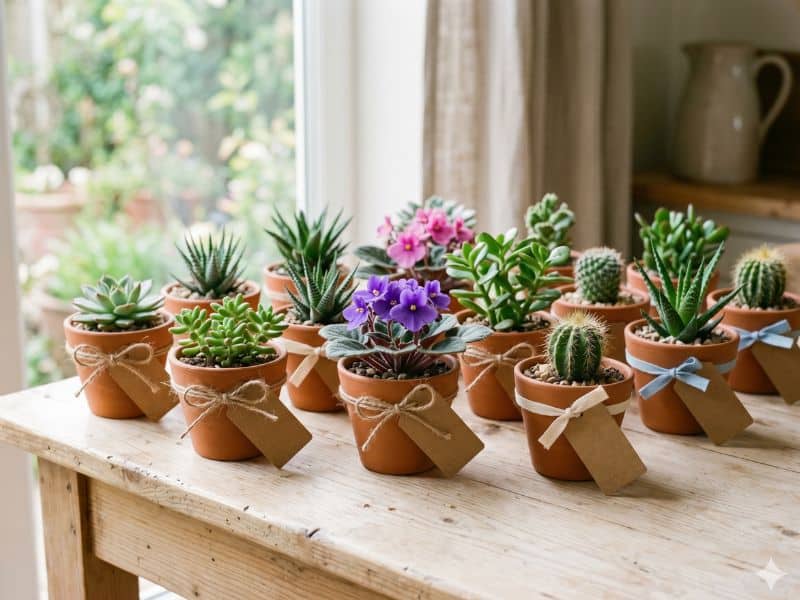 Presente Dia dos Namorados barato com vasinhos de suculentas, violeta e mini cactos decorados