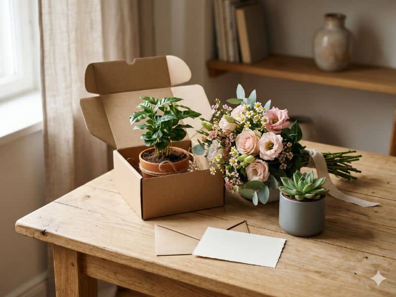 Presente Dia dos Namorados com flores, plantas e cuidado em caixa decorativa com buquê, suculenta e cartão em branco