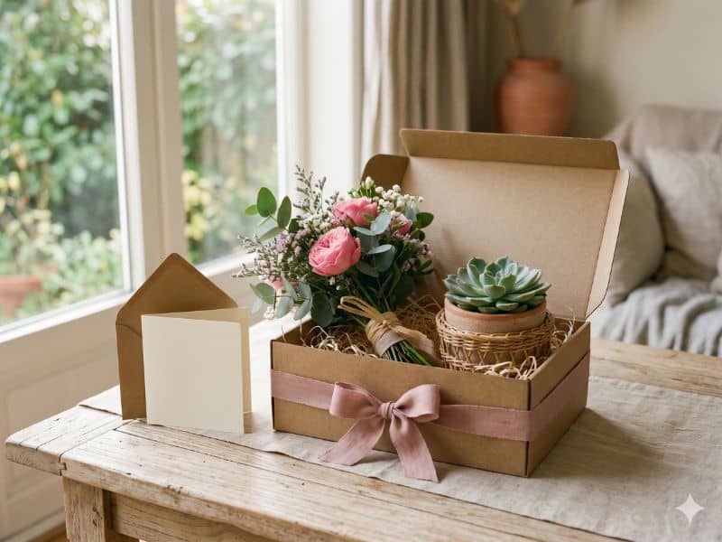 Presente Dia dos Namorados com flores, plantas e kits em caixa decorativa com suculenta e cartão em branco