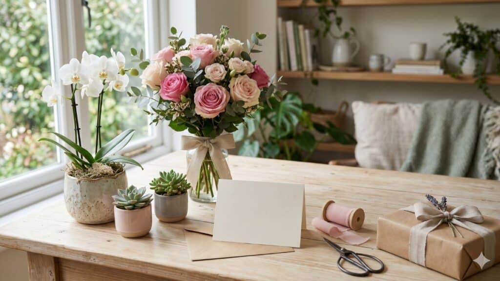 Presente Dia dos Namorados com flores, orquídea, suculentas e presente natural