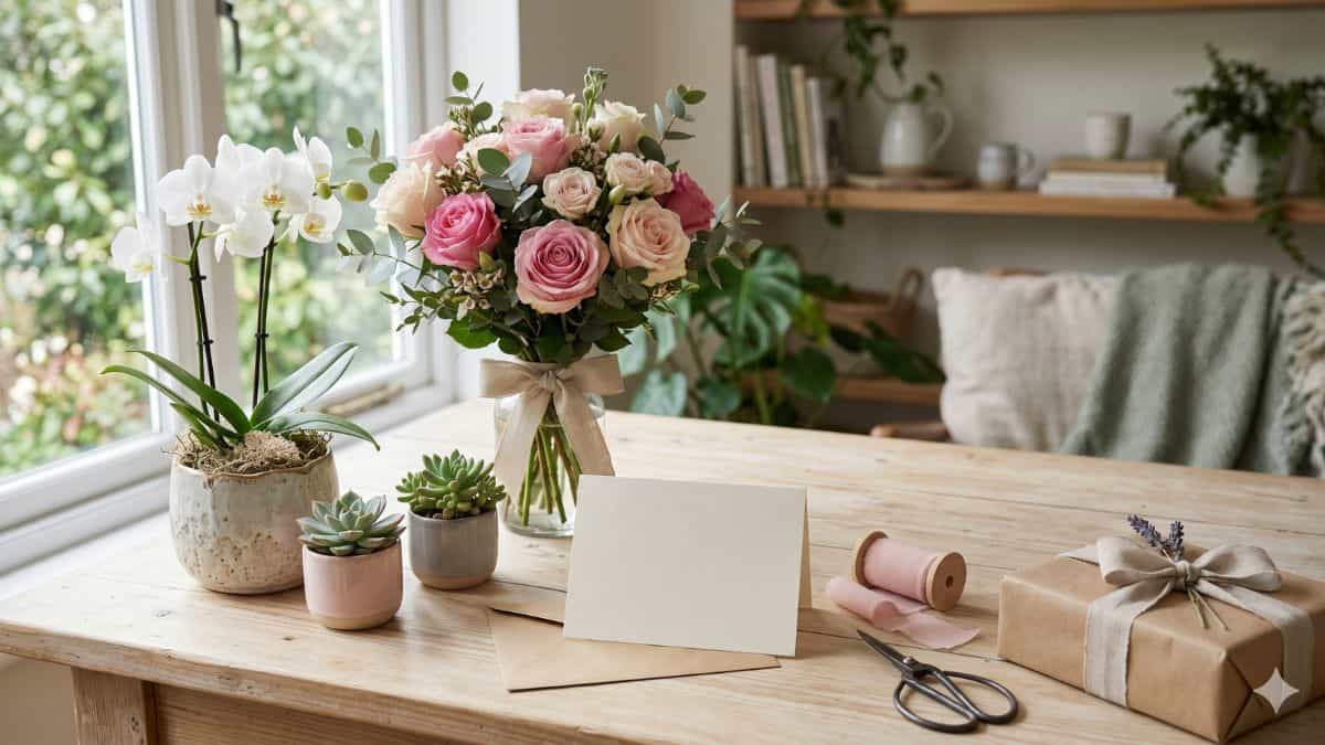 Presente Dia dos Namorados com flores, orquídea, suculentas e presente natural