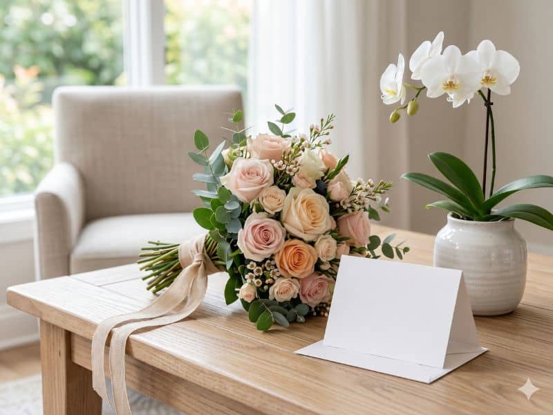 Presente Dia dos Namorados para namorada com buquê delicado, orquídea em vaso e cartão em branco
