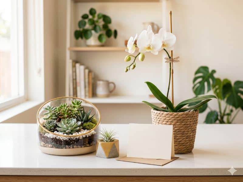 Presente Dia dos Namorados criativo com orquídea em vaso, mini jardim de suculentas e cartão em branco