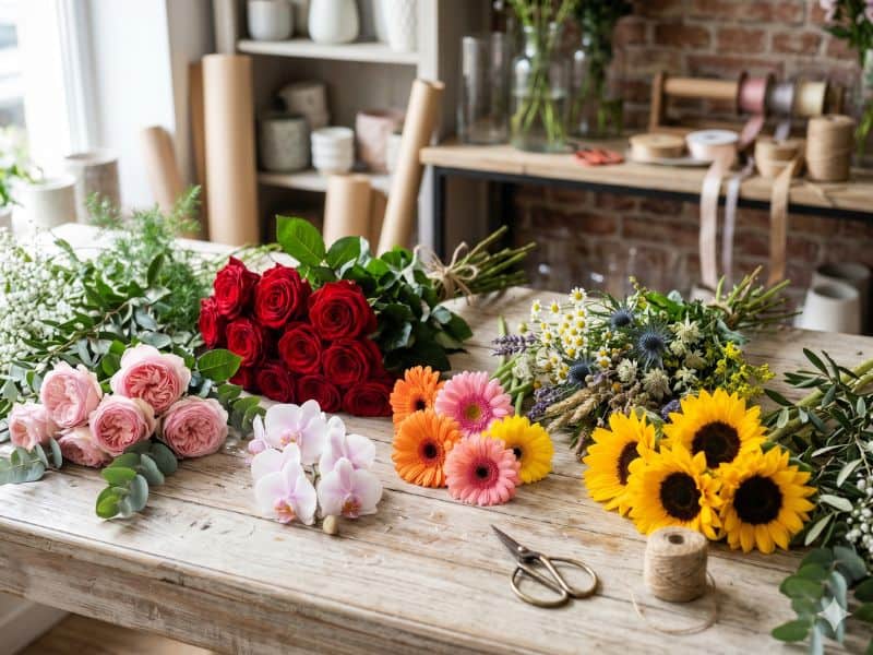 Buquê de flores para namorada com rosas, orquídeas, gérberas, girassóis e flores do campo