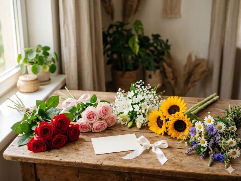 Buquê de flores para namorada com rosas, flores brancas, girassóis e flores do campo