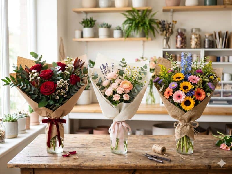 Buquê de flores para namorada em diferentes tipos com rosas, flores delicadas e buquê misto
