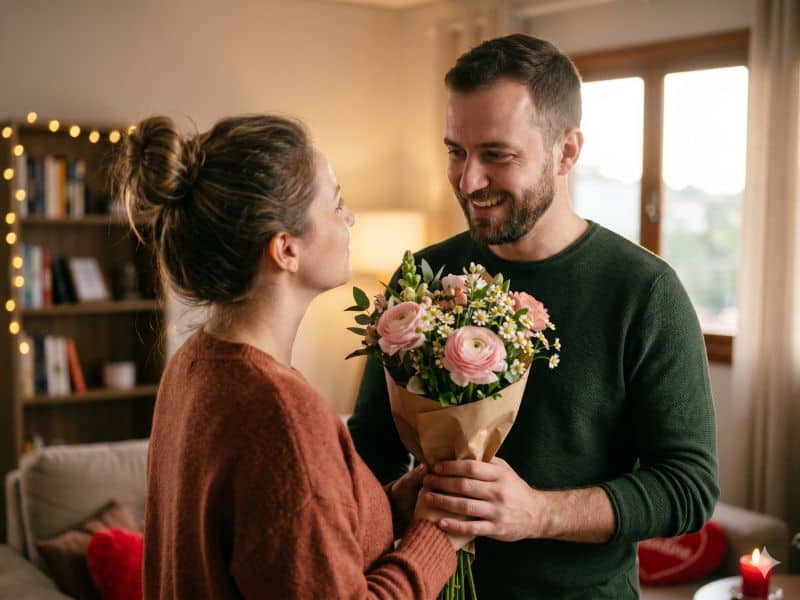 Homem segurando um buquê no Dia dos Namorados, mostrando que homem gosta de ganhar flores quando o gesto é romântico.