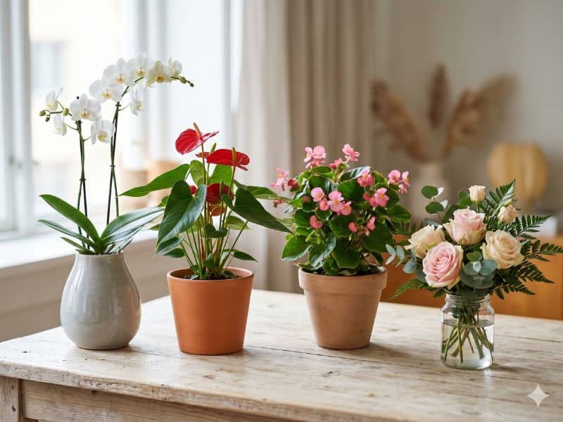 Arranjos para Dia dos Namorados com orquídea, antúrio, begônia e rosas em vasos sobre mesa clara.