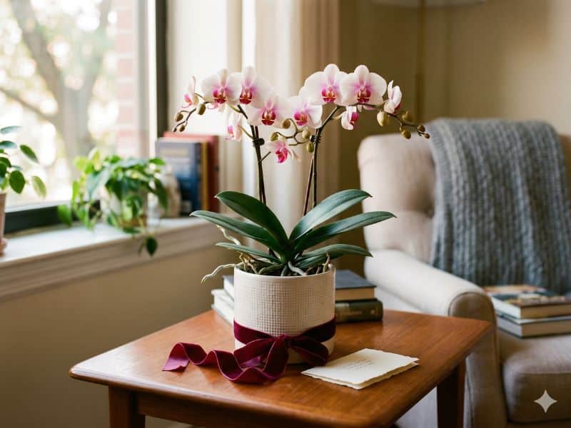 Arranjos para Dia dos Namorados com orquídea em vaso decorado com fita e cartão, destacando os detalhes do presente.
