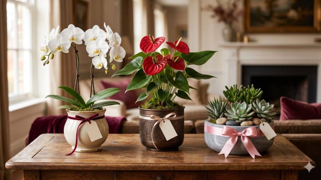 Arranjos para Dia dos Namorados com orquídea, antúrio e suculentas em vasos decorados como presentes românticos.