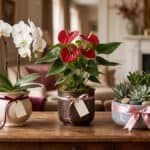 Arranjos para Dia dos Namorados com orquídea, antúrio e suculentas em vasos decorados como presentes românticos.