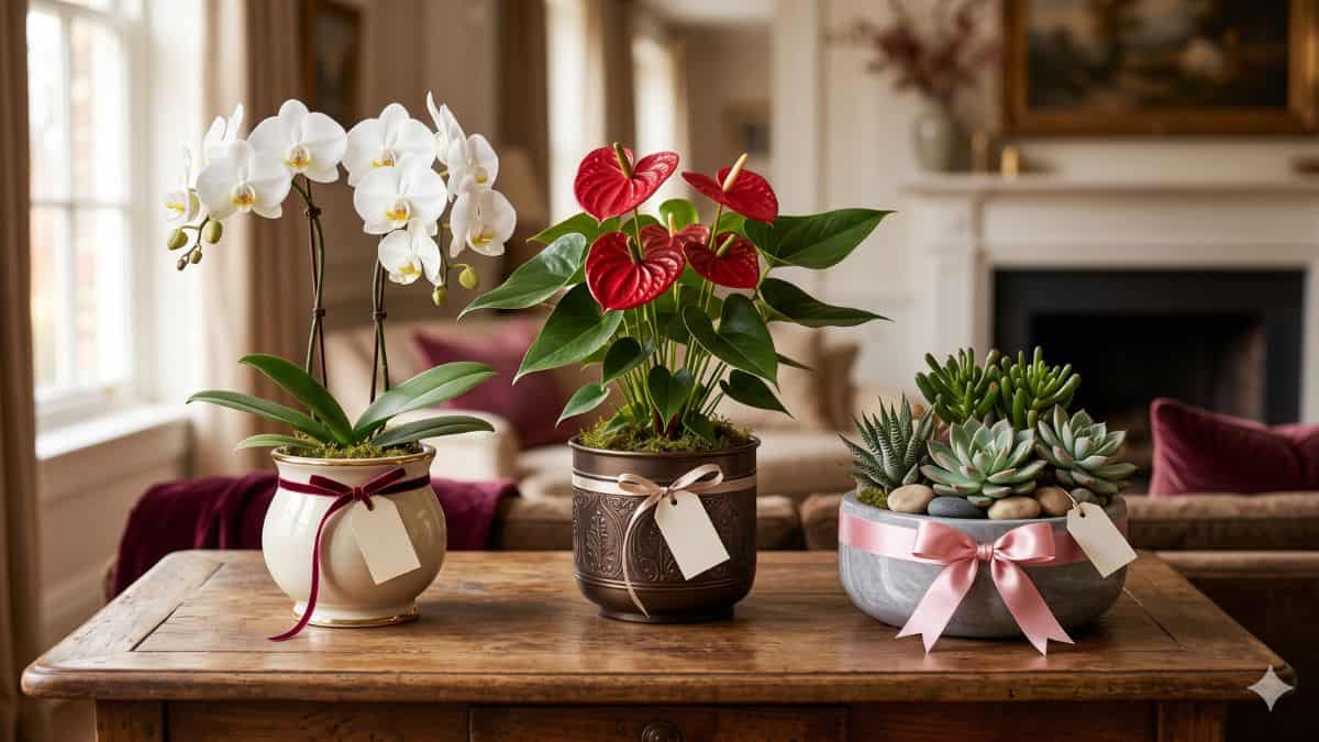 Arranjos para Dia dos Namorados com orquídea, antúrio e suculentas em vasos decorados como presentes românticos.