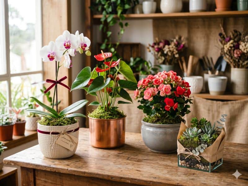 Arranjos para Dia dos Namorados que duram mais com orquídea, antúrio, begônia e mini jardim de suculentas.
