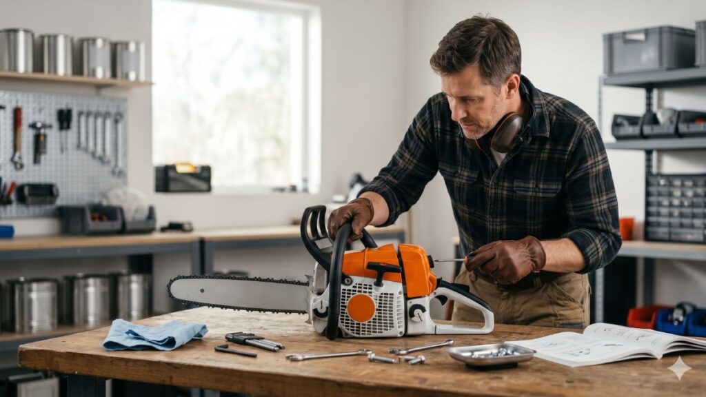 como desafogar motosserra Stihl com segurança em bancada de manutenção