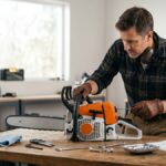 como desafogar motosserra Stihl com segurança em bancada de manutenção