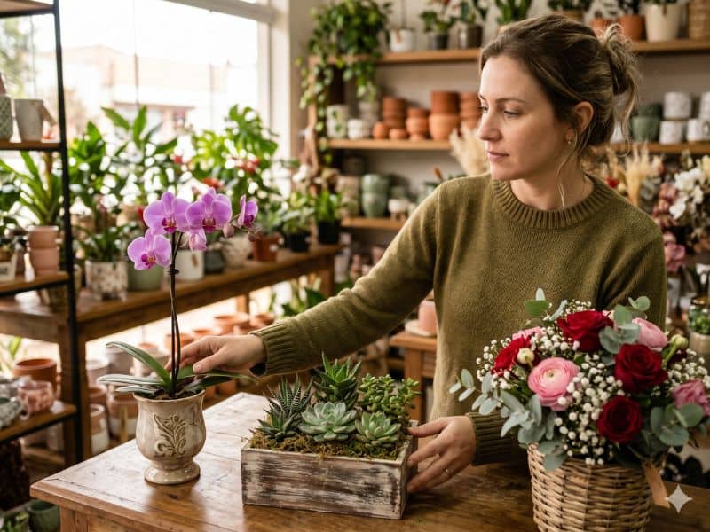 Mulher escolhendo arranjos para Dia dos Namorados com orquídea, suculentas e flores em floricultura.