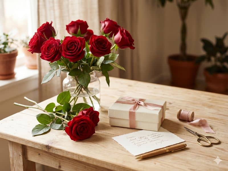 Rosas vermelhas com presente e cartão, mostrando como transformar o significado das rosas vermelhas em um gesto especial.