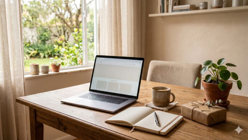 Mesa de trabalho organizada com notebook, planta, caderno, café e presente em ambiente acolhedor