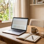 Mesa de trabalho organizada com notebook, planta, caderno, café e presente em ambiente acolhedor