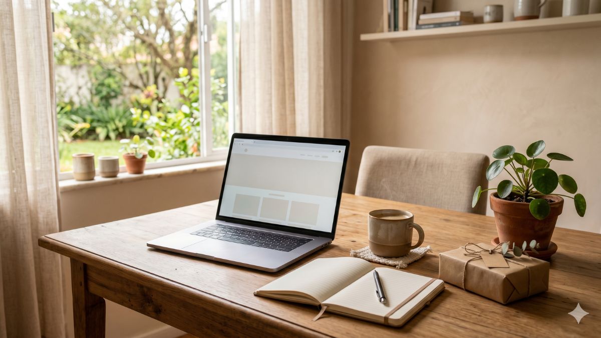Mesa de trabalho organizada com notebook, planta, caderno, café e presente em ambiente acolhedor