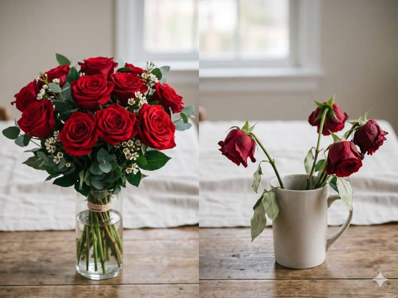 Rosas vermelhas frescas e rosas murchas mostrando erros ao esquecer o significado das rosas vermelhas.