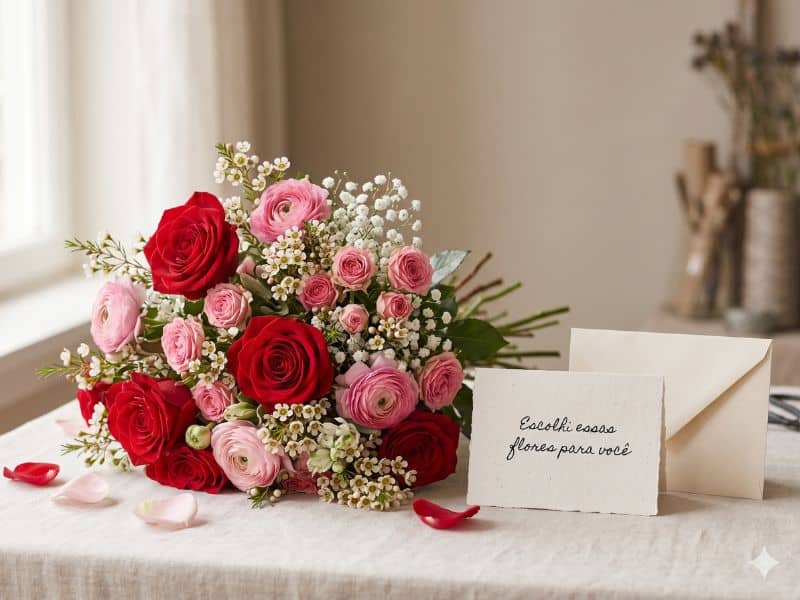 Frases para cartão de flores no Dia dos Namorados com buquê de rosas e cartão escrito