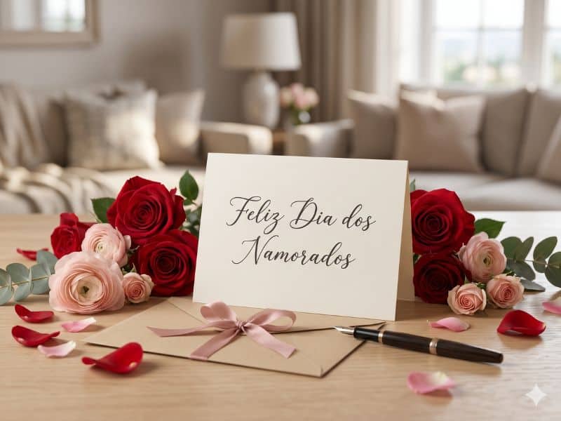 Frases para Dia dos Namorados românticas em cartão com rosas vermelhas e flores delicadas