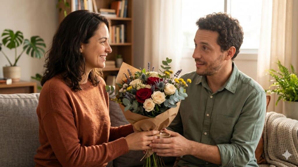 Mulher entregando um buquê para o namorado, mostrando que homem gosta de ganhar flores no Dia dos Namorados.