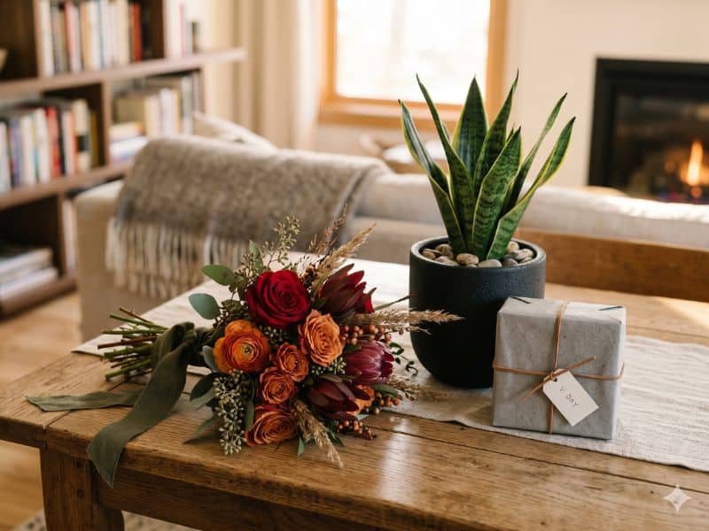 Buquê, planta e presente sobre a mesa, mostrando que homem gosta de ganhar flores no Dia dos Namorados.