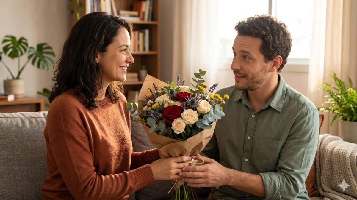 Mulher entregando um buquê para o namorado, mostrando que homem gosta de ganhar flores no Dia dos Namorados.