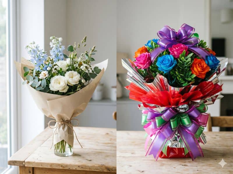 Comparação entre dois buquês, mostrando que homem gosta de ganhar flores quando o presente parece natural e bem escolhido.