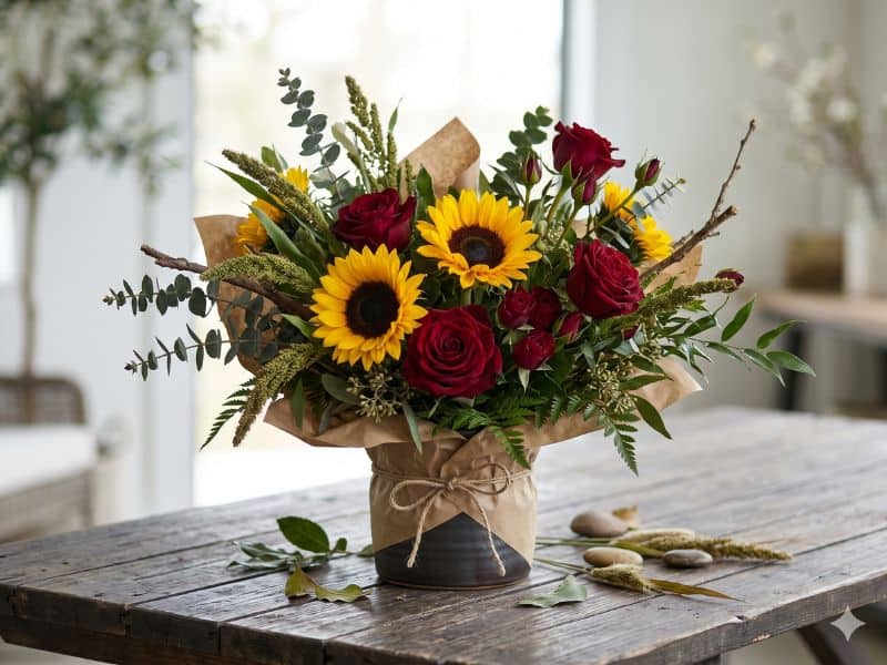 Arranjo com girassóis e rosas, mostrando que homem gosta de ganhar flores quando o estilo combina com ele.