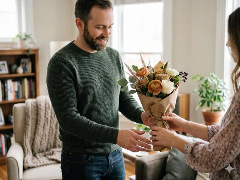 Homem recebendo um buquê em casa, mostrando que homem gosta de ganhar flores quando o gesto combina com ele.