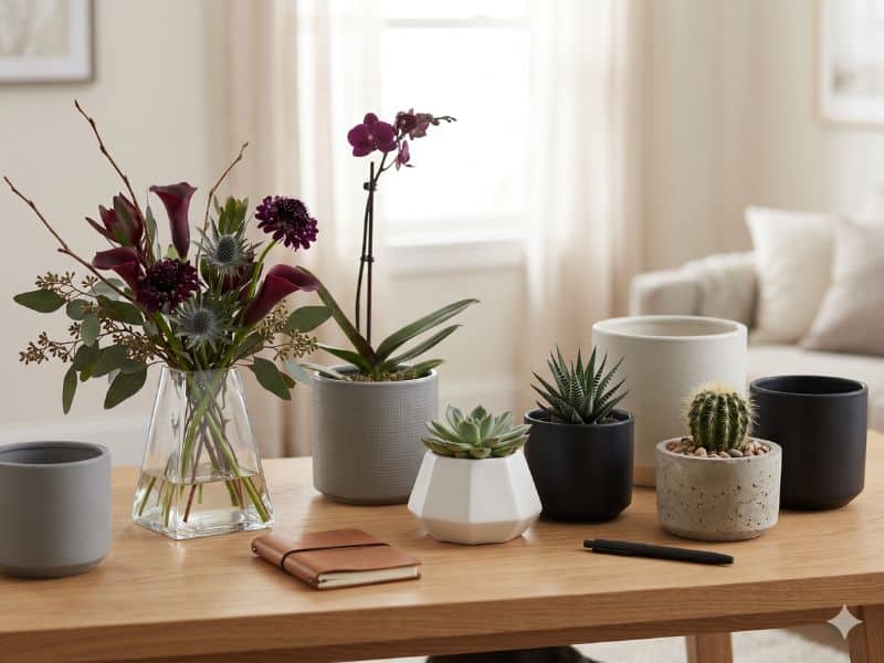 Mesa com flores, orquídea, suculentas e cactos, mostrando que homem gosta de ganhar flores ou plantas.