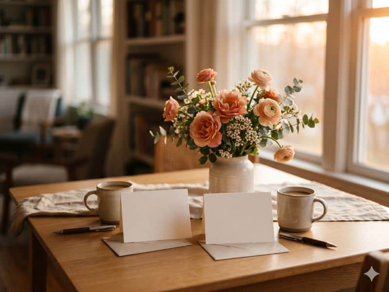 Mensagem Dia dos Namorados para marido e esposa com flores delicadas, cartões e canecas sobre mesa de madeira